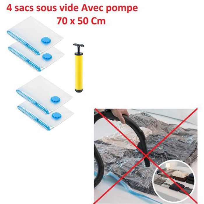 Lot de 4 sacs sous vide Avec pompe manuelle Sans aspirateur Taille 50 x 70 Cm