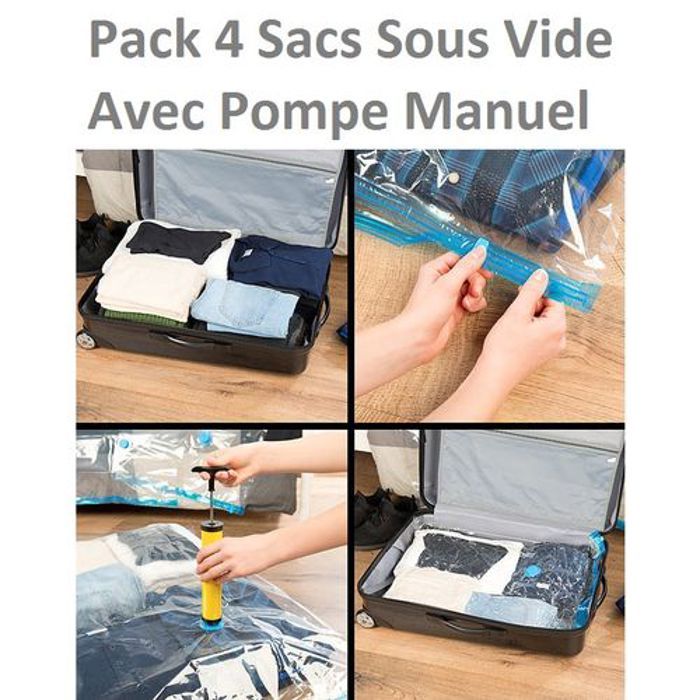 Pack 4 sacs sous vide Avec pompe manuelle Sans aspirateur Taille 80 x 100 Cm
