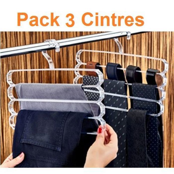 Pack 3 Cintres pantalons en plastique Cristal pour rangement des pantalons