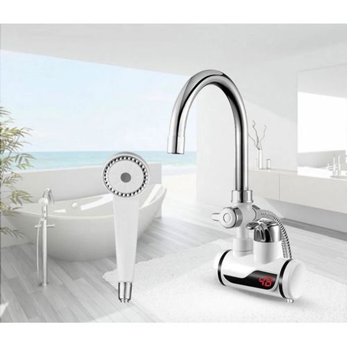 Chauffe-eau électrique instantané robinet et douche avec affichage à LED - Blanc