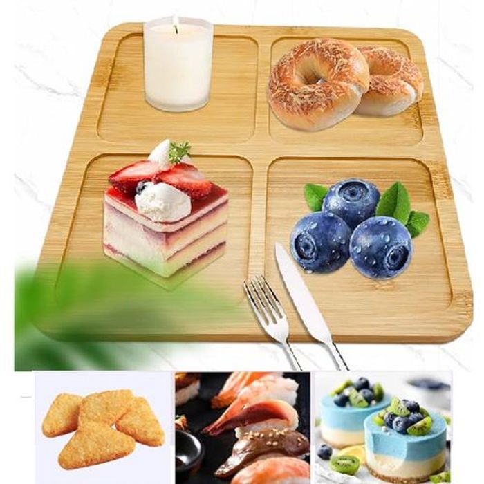 Mini Plateau De Service Plat De Présentation En Bambou 4 Compartiments 19X19cm