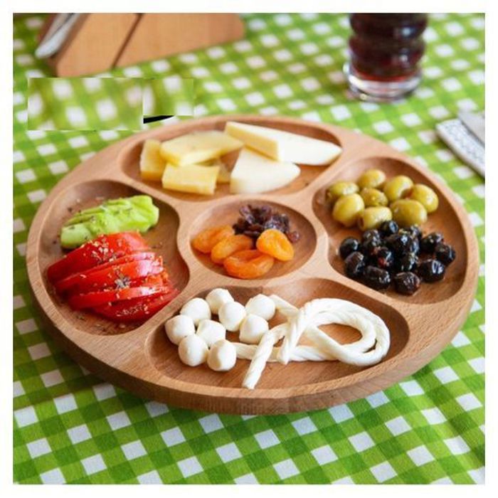 Plateau Apéritif En Bambou Pour Salade et Snack Avec 5 Sections Forme Rond
