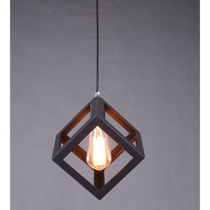 Suspension vintage cube noir en metal + ampoule edison