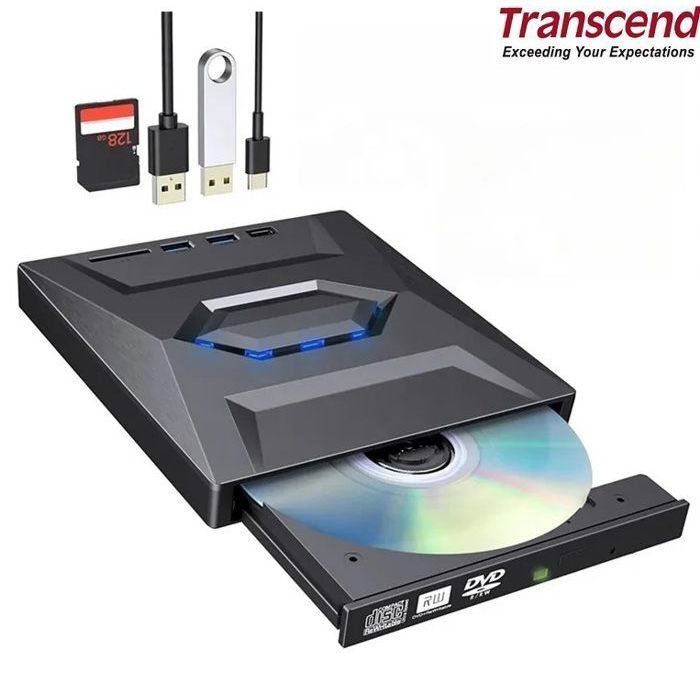 graveur Lecteur CD DVD Externe  transcend USB 3.0 + Usb 2.0 et Type-C avec Lecteur de Carte SD