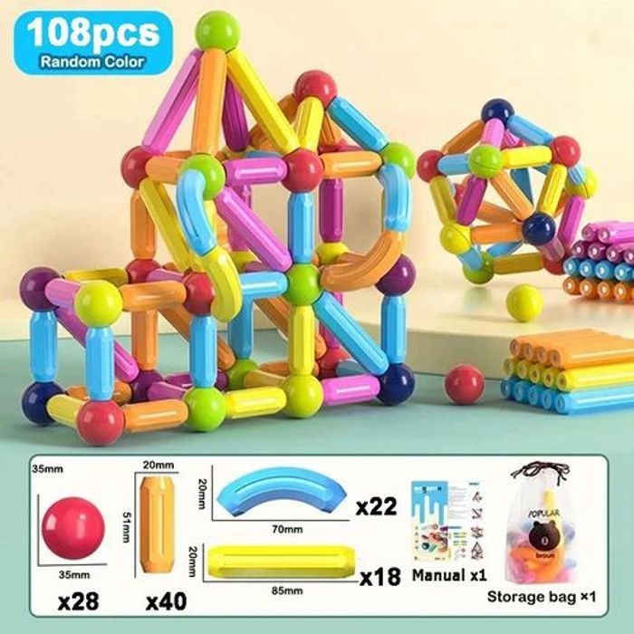 Jeu de Construction de bâtons magnétiques pour enfants 108 PCS