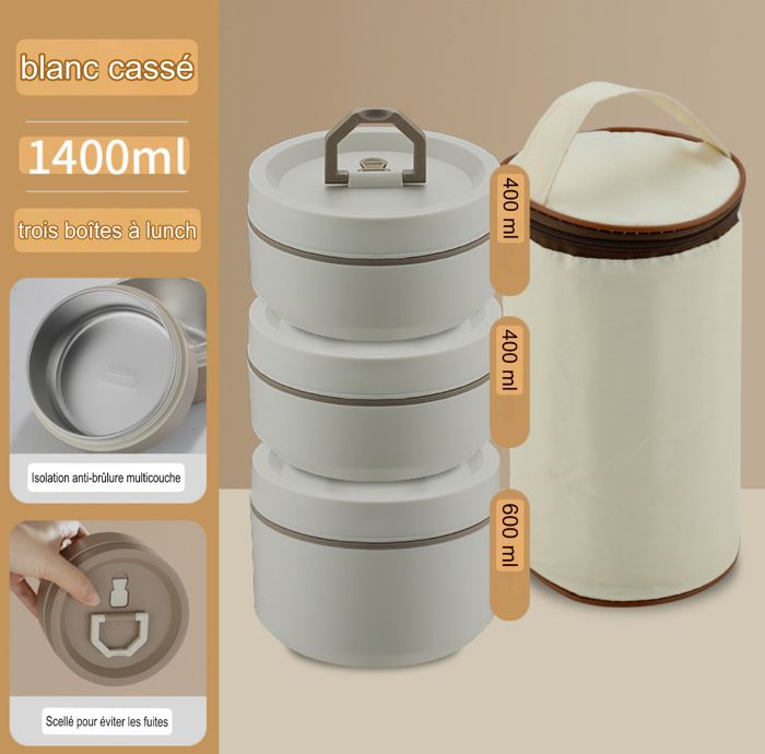 3pcs Boîte à lunch isolée en acier inoxydable, portable pour étudiant, ronde scellée à plusieurs compartim BOITE A REPAS