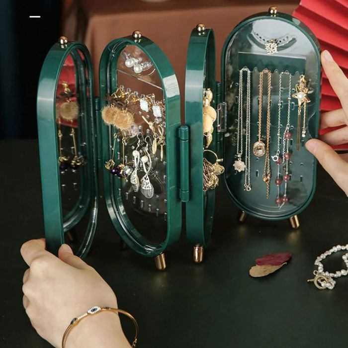Boîte rangement bijoux boucles d'oreilles, colliers, bracelets, avec miroir maquillage pliable