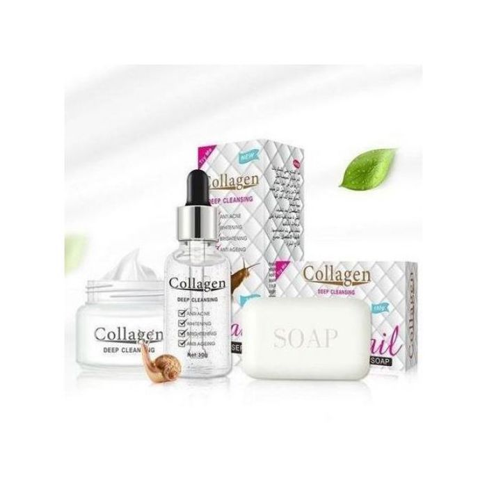 Collagen pack snail escargot de 3 pièces, savon antibactérien, collagène anti-âge, sérum blanchissant