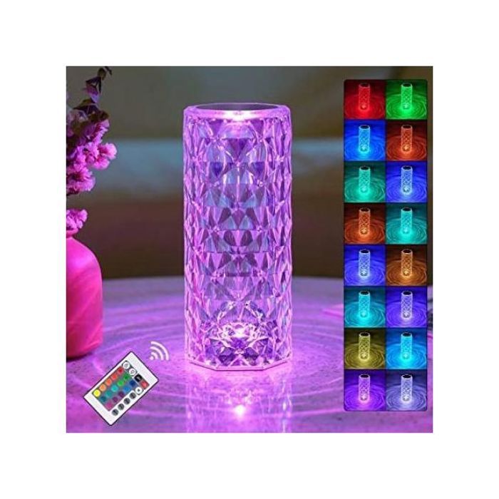 Lampe de table diamant 16 couleurs, veilleuse led acrylique rechargeable avec télécommande