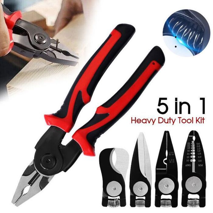 Pince 5 en 1 multifonctionnelle à tête interchangeable, pince à dénuder, coupe-câble en acier