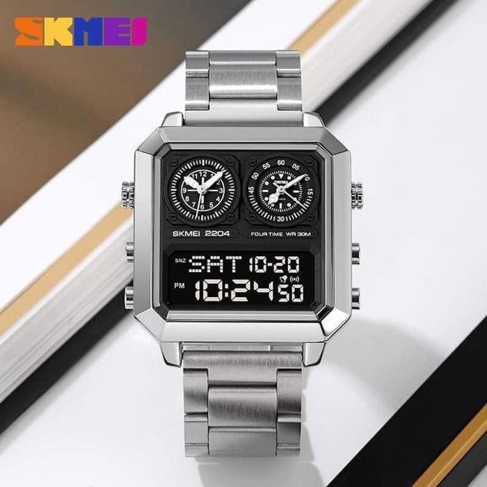 montre électronique pour hommes carré Avec bracelet en acier inoxydable 4 temps minuterie réveil EL lumineux