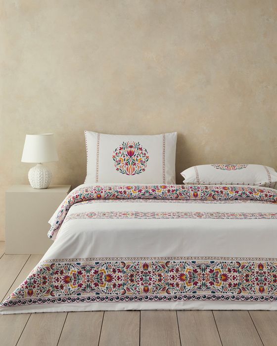 Parure de lit - Folk Blossom - Coton - 200 x 220 cm - Fuchsia - Lavable en machine