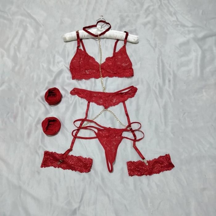Ensemble de lingerie - Non spécifié - Rouge - 3 pièces - Broderie en tulle - Armature