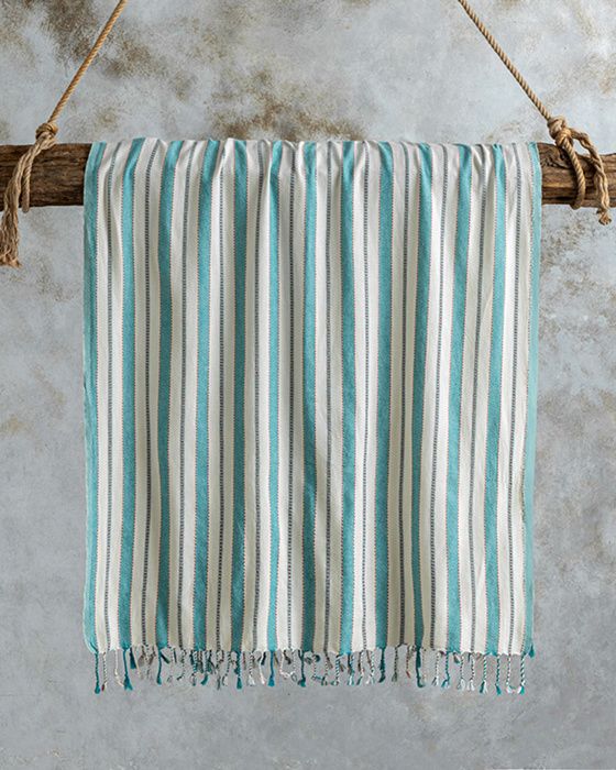 Serviette de plage élégante Dora en coton rayé - Turquoise et Beige - 90 x 180 cm