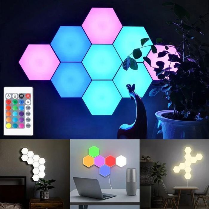 Home Lamp RGB LED Quantum Wireless Hexagon Lamp Touch Sensor Night Light Bedroom Honeycomb Wall Lamp Control Colorful Lantern