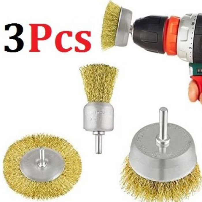 Brosses métalliques, Jeu de 3 brosses de forage à fil pour enlever la rouille