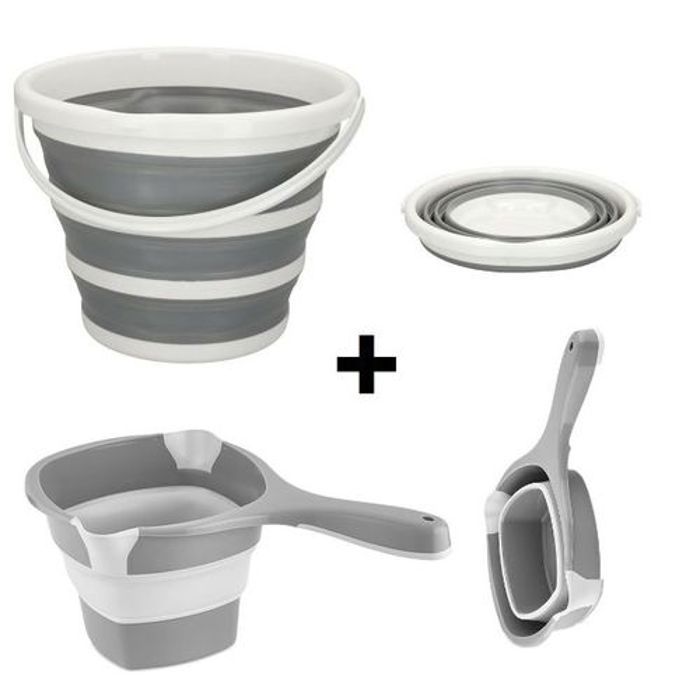 Seau d'eau Pliant en Silicone + Louche à eau pliable, Pack de salle de bain