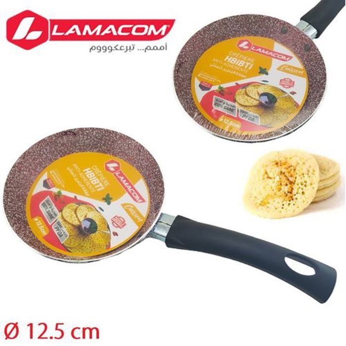 Lamacom Poêle à crêpes & Beghrir anti-adhérente Ø 12.5 cm, Crépière Hbibti
