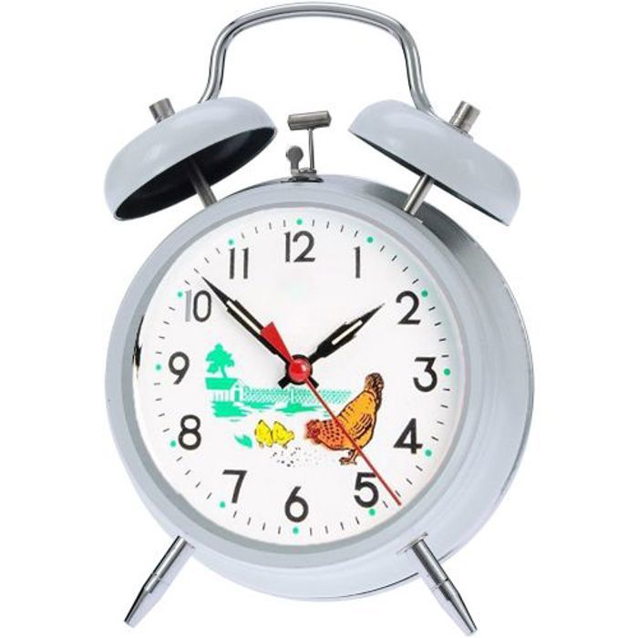 Réveil analogique à double cloches avec Poule, Horloge de nuit forte en métal