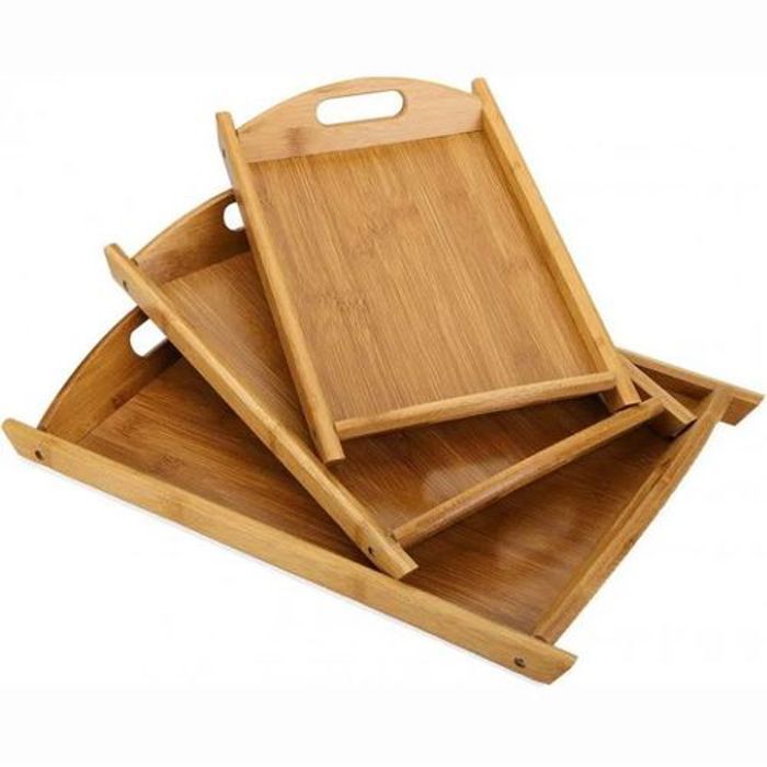Set de 3 Plateaux en Bois avec poignée solide pour café, thé et Petit déjeuner
