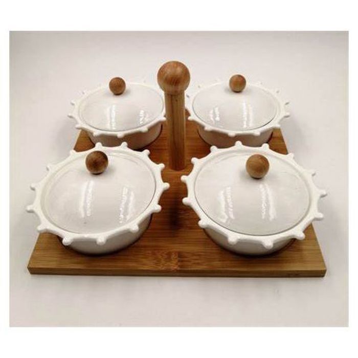 Kenz Set de 4 Assiettes en Porcelaine avec Plateau Bois Pour Huile Miel Olive & Amlou