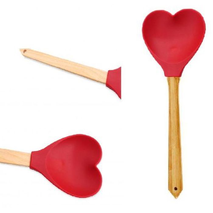 Spatule Coeur en Silicone Cuillère manche en bois Idéal pour les poêles enduits