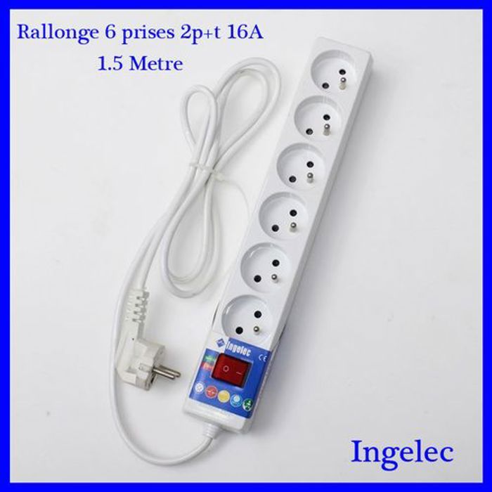 Rallonge // Multi-prises - Multiprises avec interrupteur // Bloc 6 prises 2p+t 16A/ 1.5m - blanc.