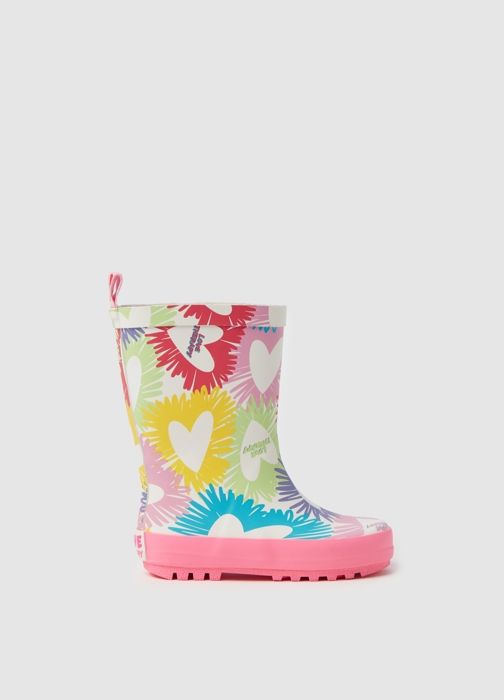 Bottines en caoutchouc - Love Therapy - Coeurs multicolores - Blanc et Rose - Plat - Basse