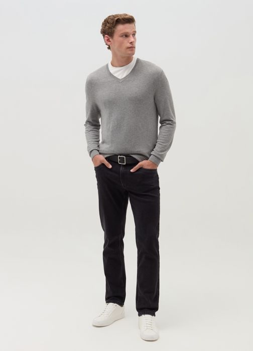 Pull - Light Grey Marl - Col V - Viscose mélangée - Bordures côtelées - Polyamide recyclé