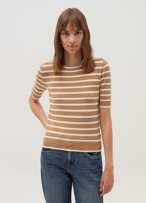Top - Non spécifié - Manches courtes - Motif rayé - Blanc et Marron - Viscose stretch durable