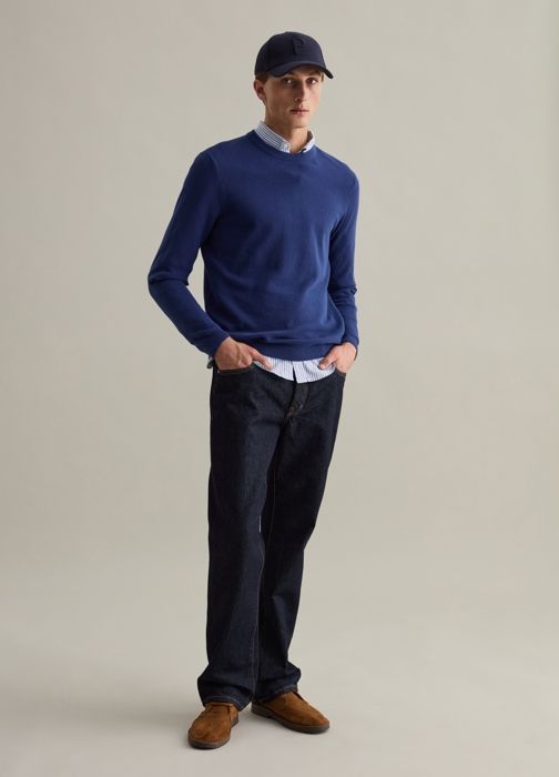 Pull piqué - PIOMBO - Ocean Bleu - 100% coton - Col rond - Bordures côtelées