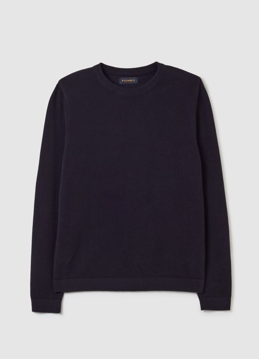 Pull Piqué - PIOMBO - Navy Bleu - 100% Coton - Col Rond - Bordures Côtelées