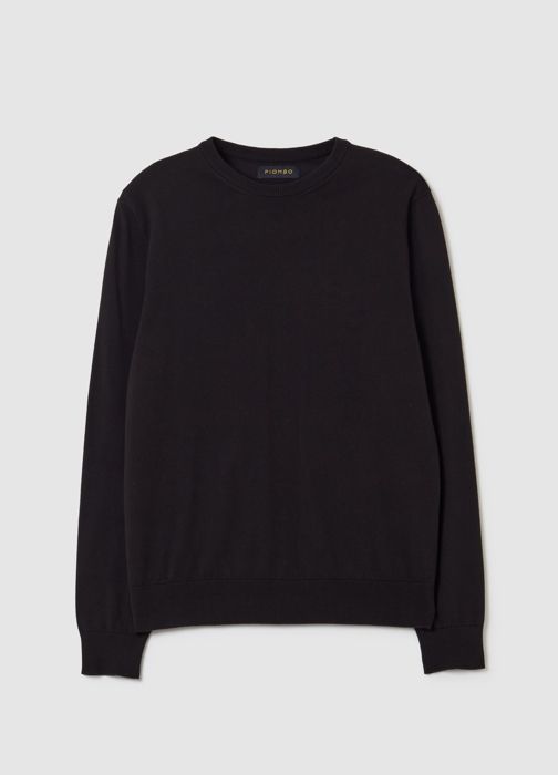 Pull col rond - PIOMBO - Noir - Coton mélangé - Bordures côtelées - Polyamide recyclé