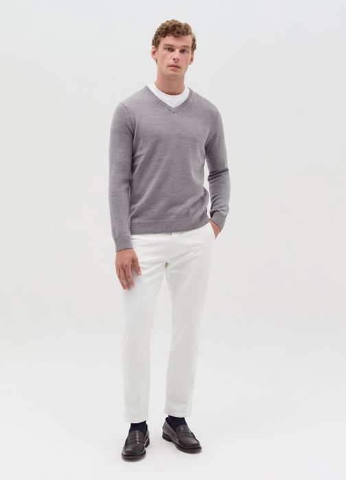 Pull - Light Grey Marl - Col V - Maille mélangée - Bordures côtelées - Homme
