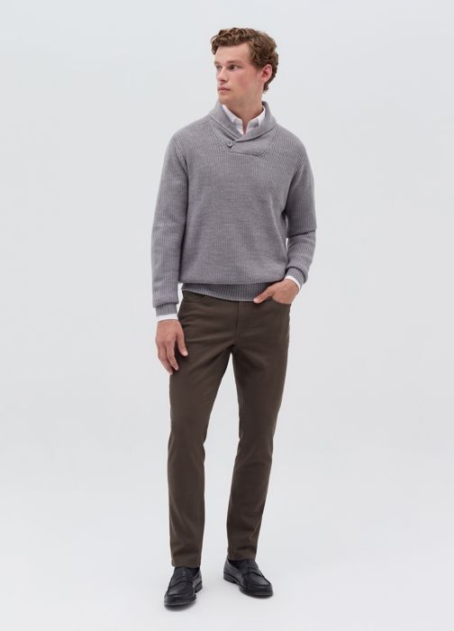 Pull à col châle - Grey Marl - Homme - Gris - Côtelé - Bouton