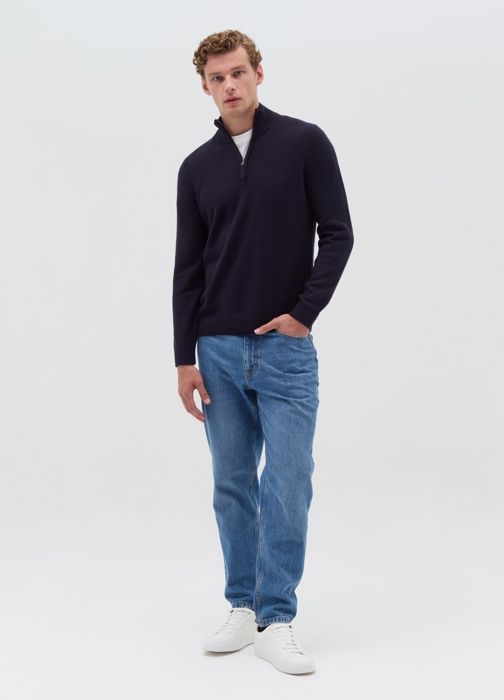 Pull - Night Bleu - Col montant - Demi-zip - Côtelé - Tricoté