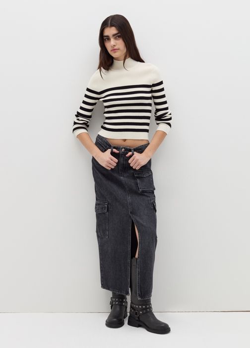 Pull à col montant - B.Angel - Rayé - Blanc et Noir - Viscose mélangée - Femme