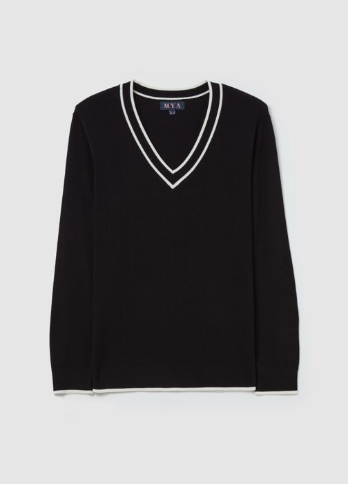 Pull galbé - MYA Curvy - Noir - Col V - Bord-côte contrasté - Viscose durable
