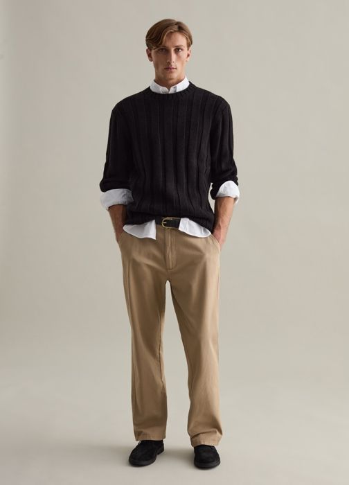 Pull côtelé - PIOMBO - Noir - Encolure ronde - Laine mélangée - Pour homme