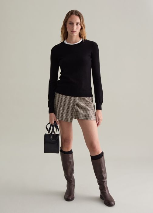 Pull en laine - PIOMBO - Noir - Col rond - 100% laine - Bordures côtelées