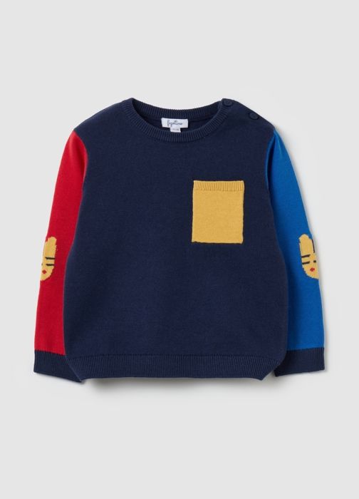 Pull color block - Bleu et Red - Enfant - Col rond - Poche passepoilée - Motif tigre