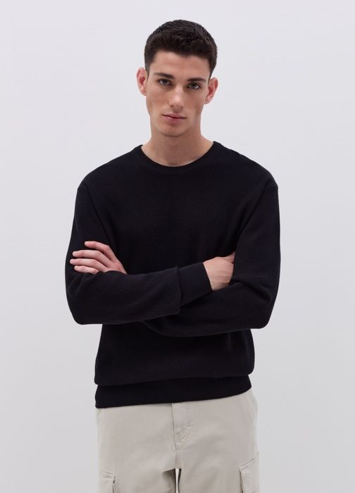 Pull - B.Angel - Noir - 100% coton - Col rond - Tissage micro gaufré