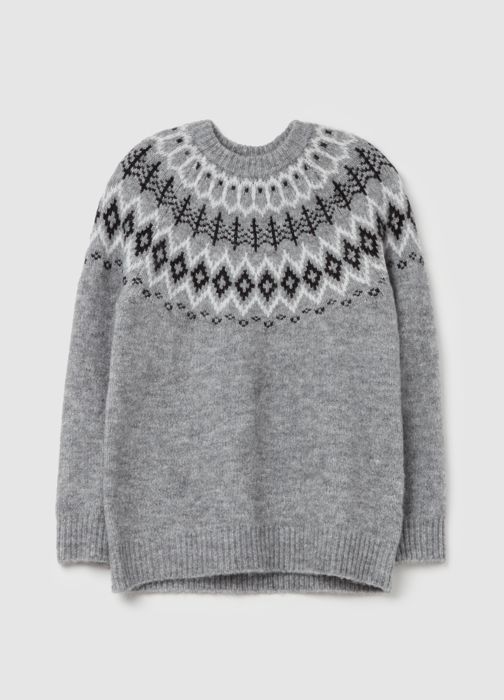 Pull galbé - MYA Curvy - Grey Marl - Col rond - Dessin jacquard norvégien - Bordures côtelées
