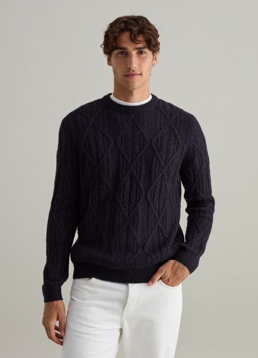 Pull - PIOMBO - Night Bleu - Laine mélangée - Col rond - Motif losange