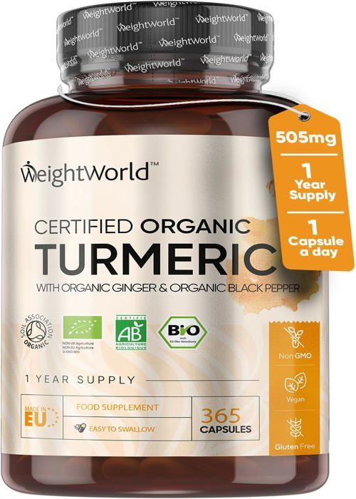 Turmeric Organic with Ginger & Black Pepper 505 mg -  For Joints, Body & Skin - 365 Capsules