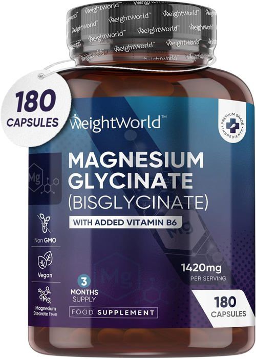 Magnesium Glycinate Bisglycinate Haute dose 1422 mg + Vitamine B6  180 gélules  Origine Angleterre (UK)