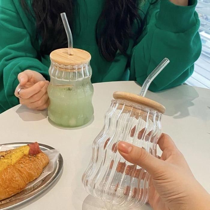 Tasse en Verre transparent avec Couvercle et Paille