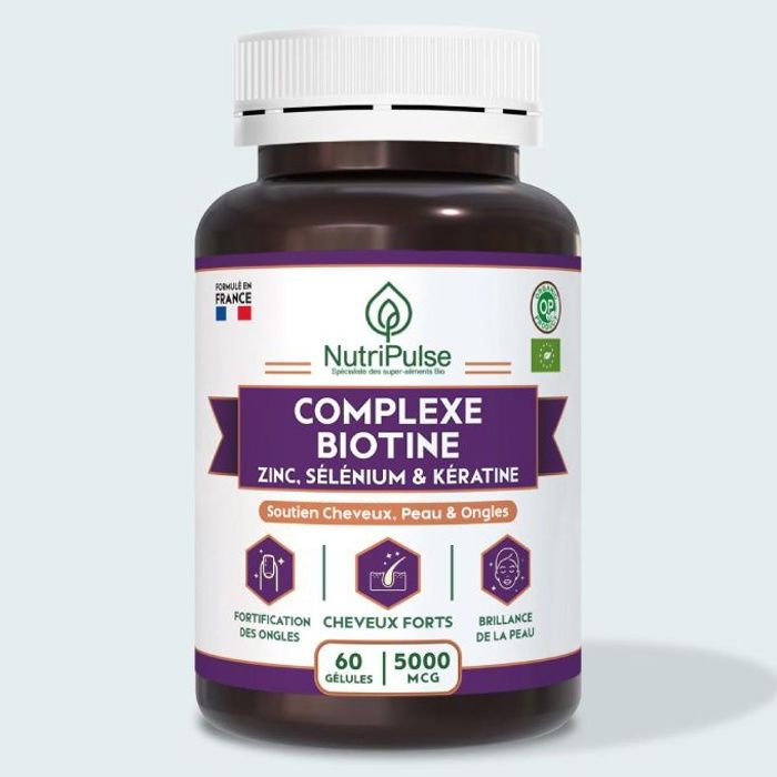 Complexe Biotine 5000 mcg Zinc Sélénium & Kératine – Cheveux Forts, Peau Radieuse, Ongles Renforcés – 60 Gélules