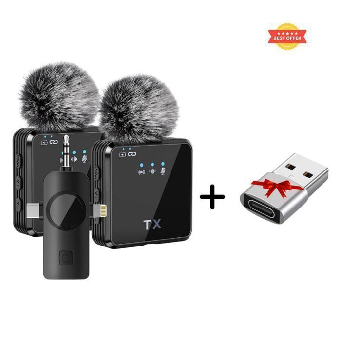 Microphone Sans Fil 2 en 1 F11-2 Pour iPhone/Android et Type C   avec Suppression de Bruit + Adaptateur Type C vers USB !