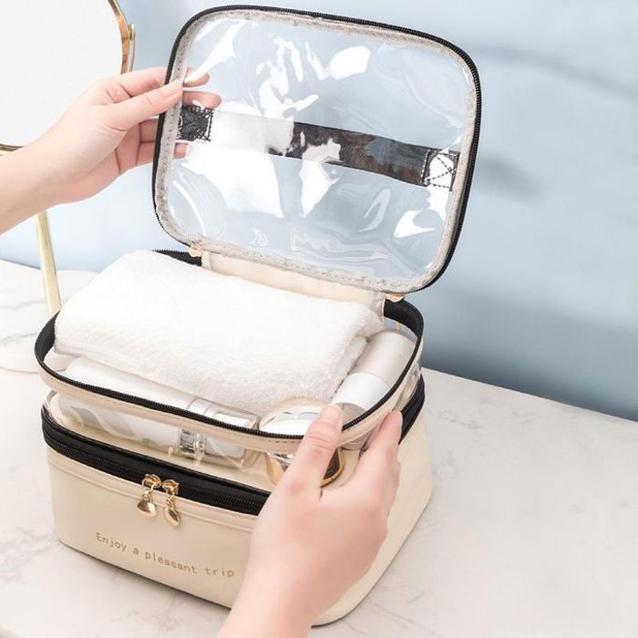 Trousse de maquillage double couche pour femme, sac de rangement de voyage léger, trousse de toilette